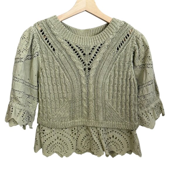Anthropologie Lace Peplum Sweater Green XS Cable Knit Boho Cottagecore - Picture 1 of 7